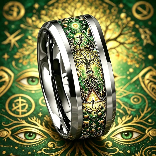 Esoteric symbols tree of life ring close-up – Norse Celtic Pagan spiritual wide band jewellery