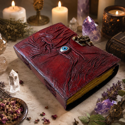 Tree of Life Eye Grimoire Leather Journal – Vintage Spell Book of Shadows – leather journal, back cover view