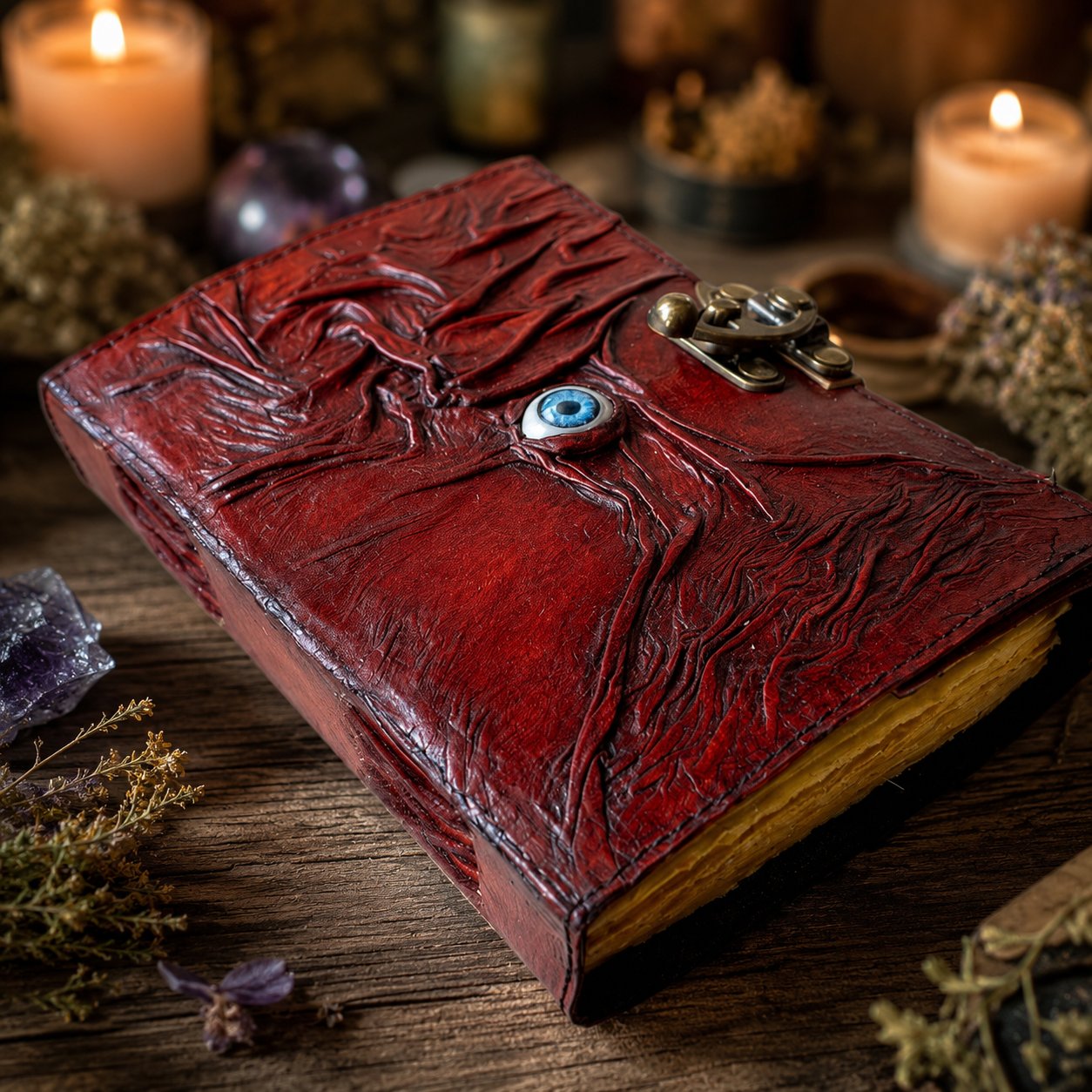 Tree of Life Eye Grimoire Leather Journal – Vintage Spell Book of Shadows – leather journal, size and scale view