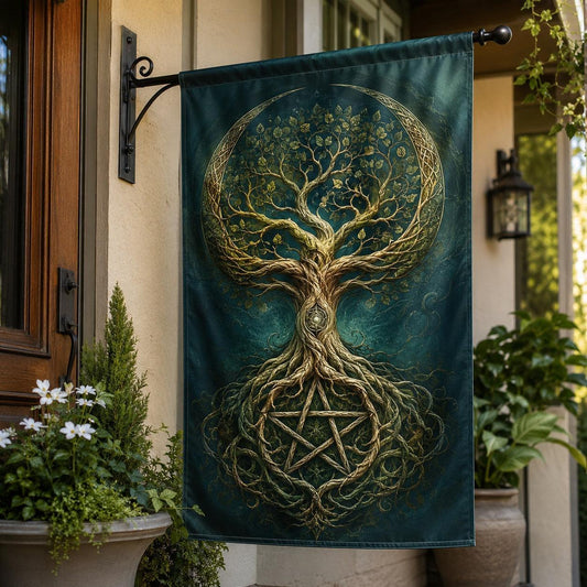 Tree of Life house flag with crescent canopy and hidden pentacle design