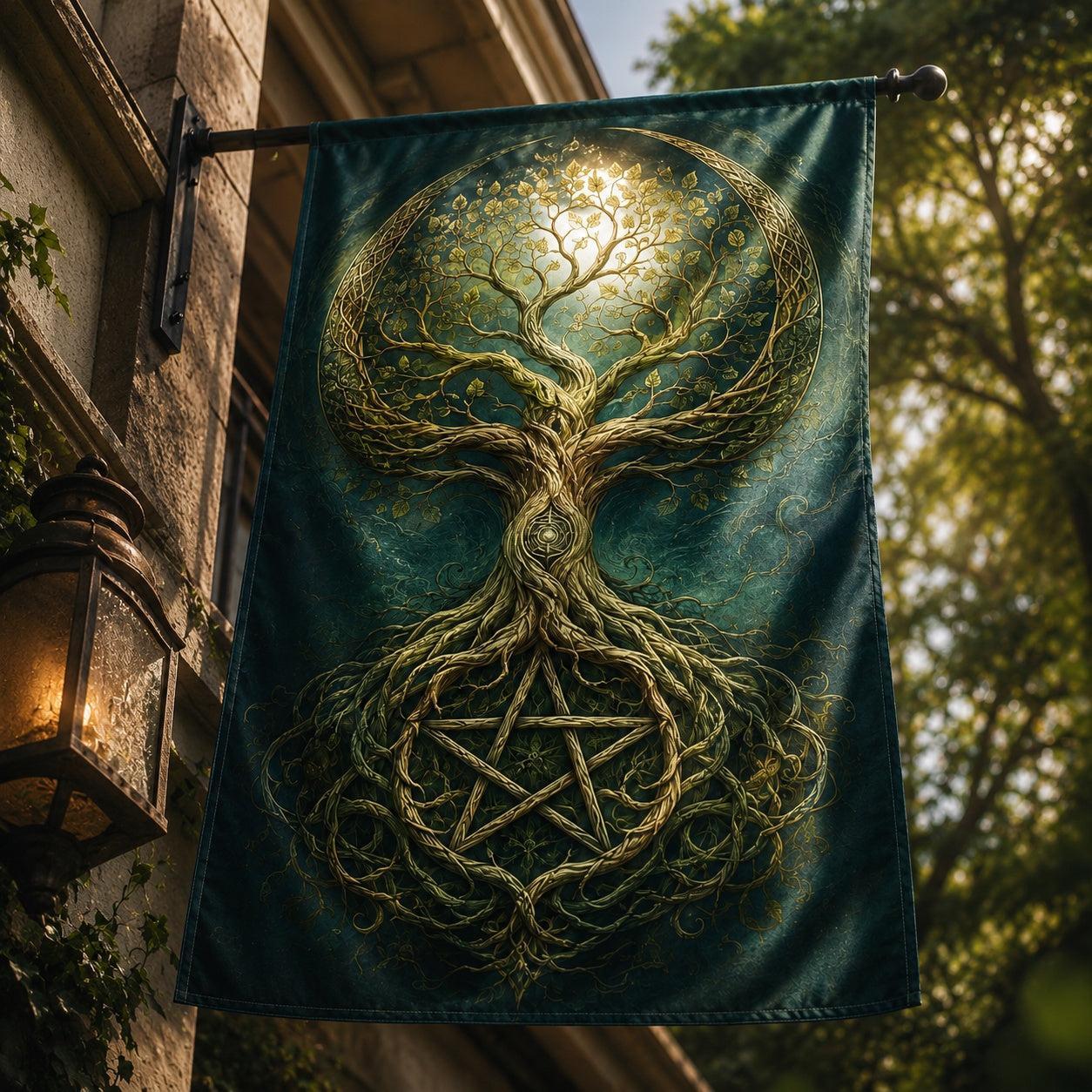 Tree of Life house flag mockup hanging outdoors as pagan decor