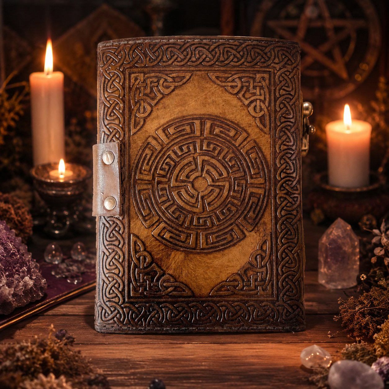 Tree of Life Leather Journal – Handmade Pagan Grimoire Unlined Deckle Pages – leather journal, close-up cover detail