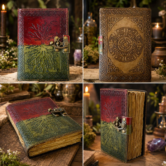 Tree of Life Leather Journal – Handmade Pagan Grimoire with Deckle Edge Pages – leather journal, back cover view