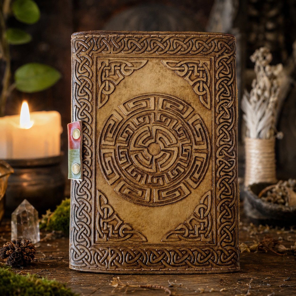 Tree of Life Leather Journal – Handmade Pagan Grimoire with Deckle Edge Pages – leather journal, close-up cover detail