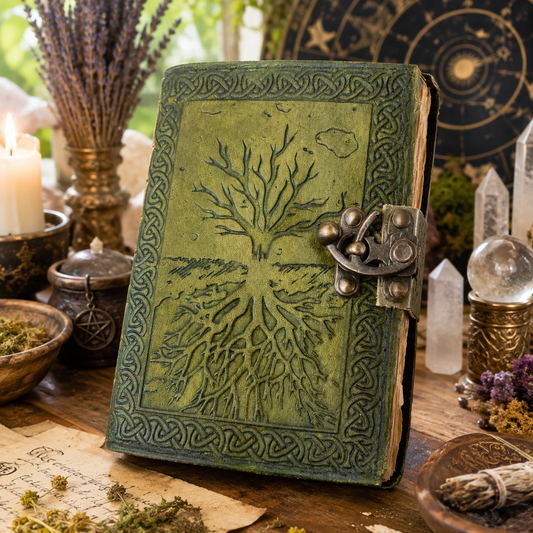 Tree of life leather journal with brass lock – handmade witch grimoire notebook, deckle pages, view 2