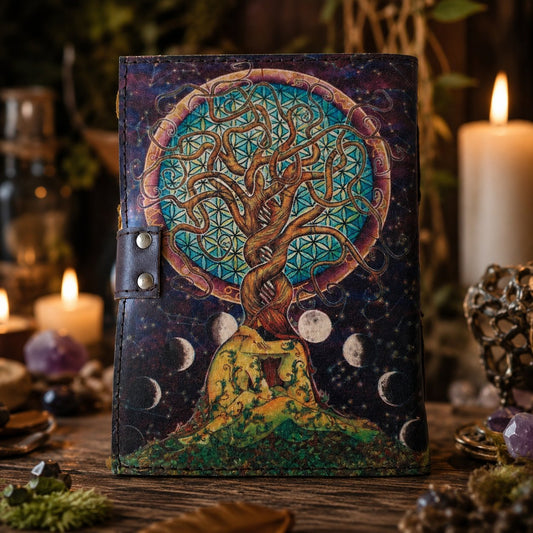 Tree of Life Moon Couple Printed Leather Journal – Witch Book of Shadows – leather journal, back cover view