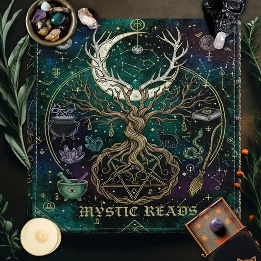 Tree of Life Pentagram Tarot Altar Cloth with Black Cat-MoonChildWorld