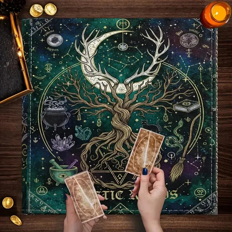 Tree of Life Pentagram Tarot Altar Cloth with Black Cat-MoonChildWorld