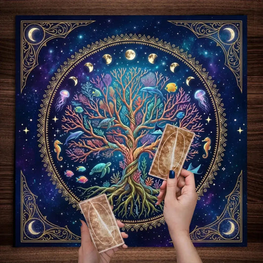 Dark blue starry sky tree of life altar cloth with lunar phases – Pagan cosmic ritual mat