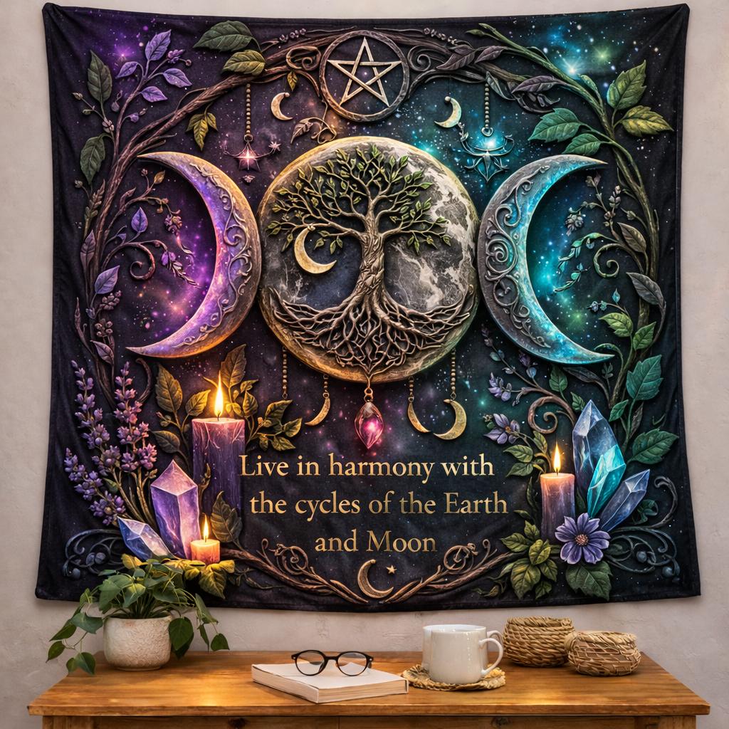 Tree of Life & Triple Moon Pagan Tapestry – Boho Wicca Wall Hanging-MoonChildWorld