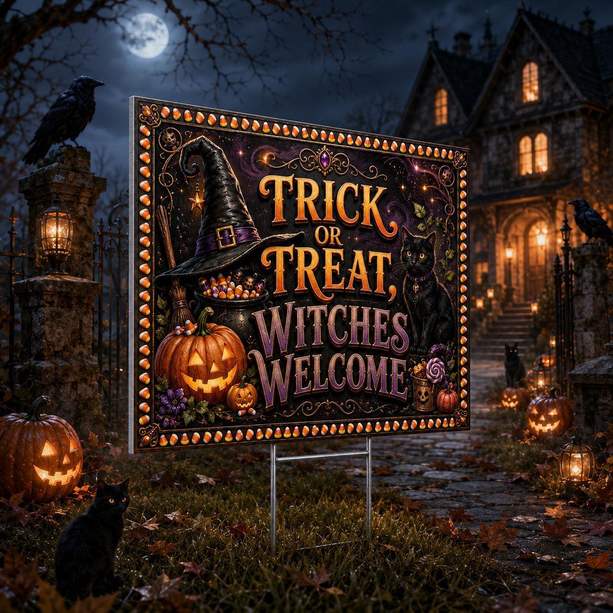 Trick or Treat, Witches Welcome Halloween Yard Sign - porch scene