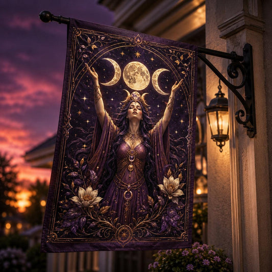 Triple Goddess Moon house flag displayed outdoors on a garden flag stand