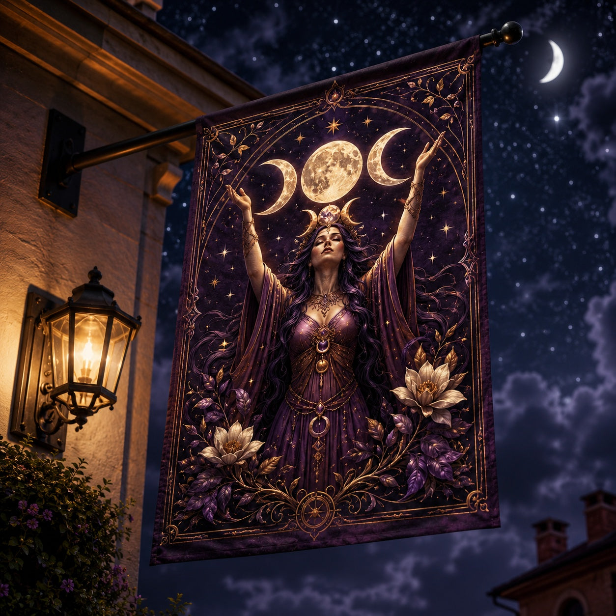 Triple Goddess Moon house flag mockup hanging outdoors as pagan decor