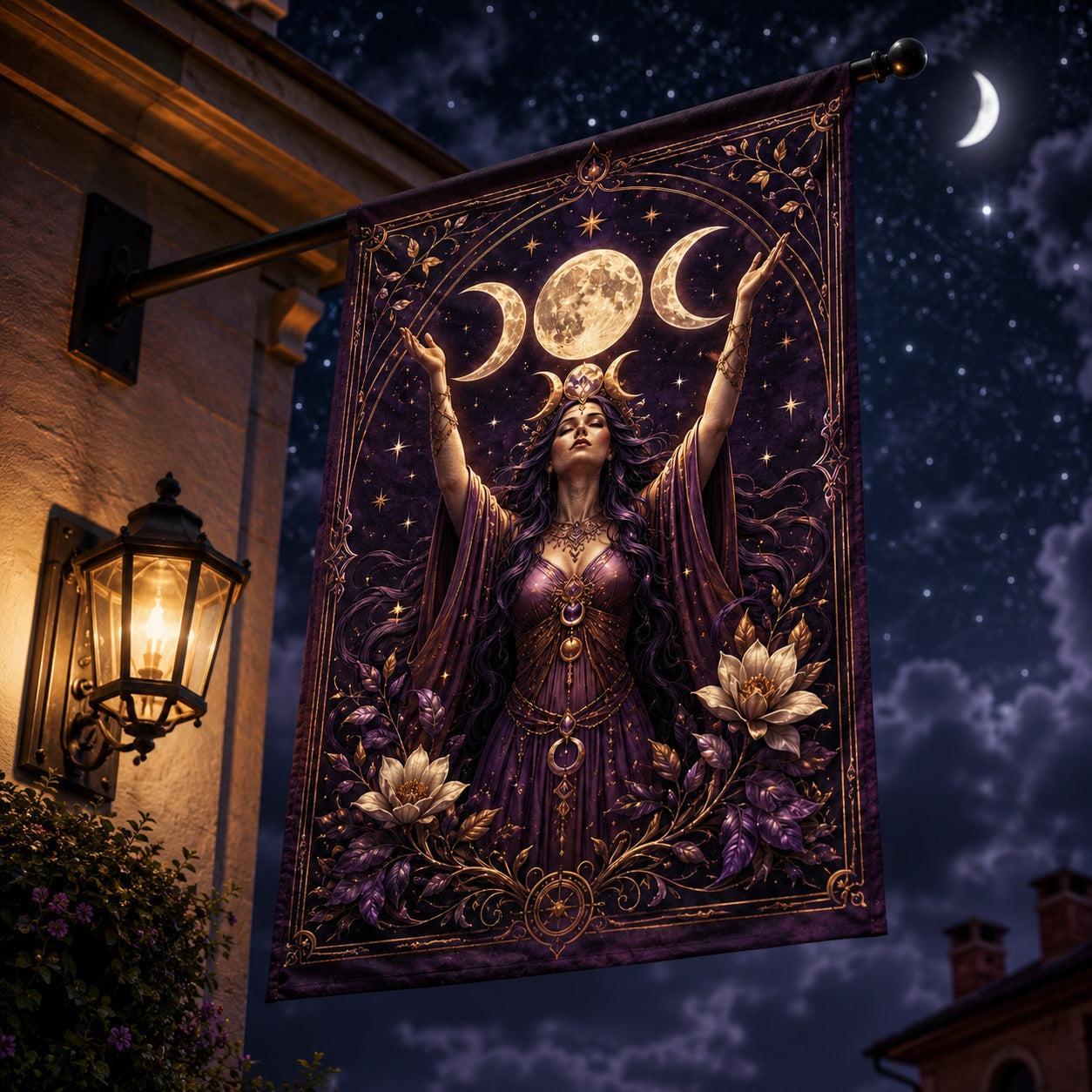 Triple Goddess Moon house flag mockup hanging outdoors as pagan decor
