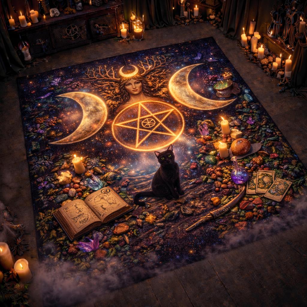 Triple Moon & Black Cat Area Rug – Witchy Carpet for Wicca Decor-MoonChildWorld