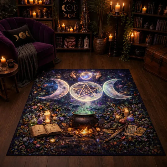 Triple Moon & Black Cat Area Rug – Witchy Halloween Carpet for Wicca Decor_mockup_1.webp