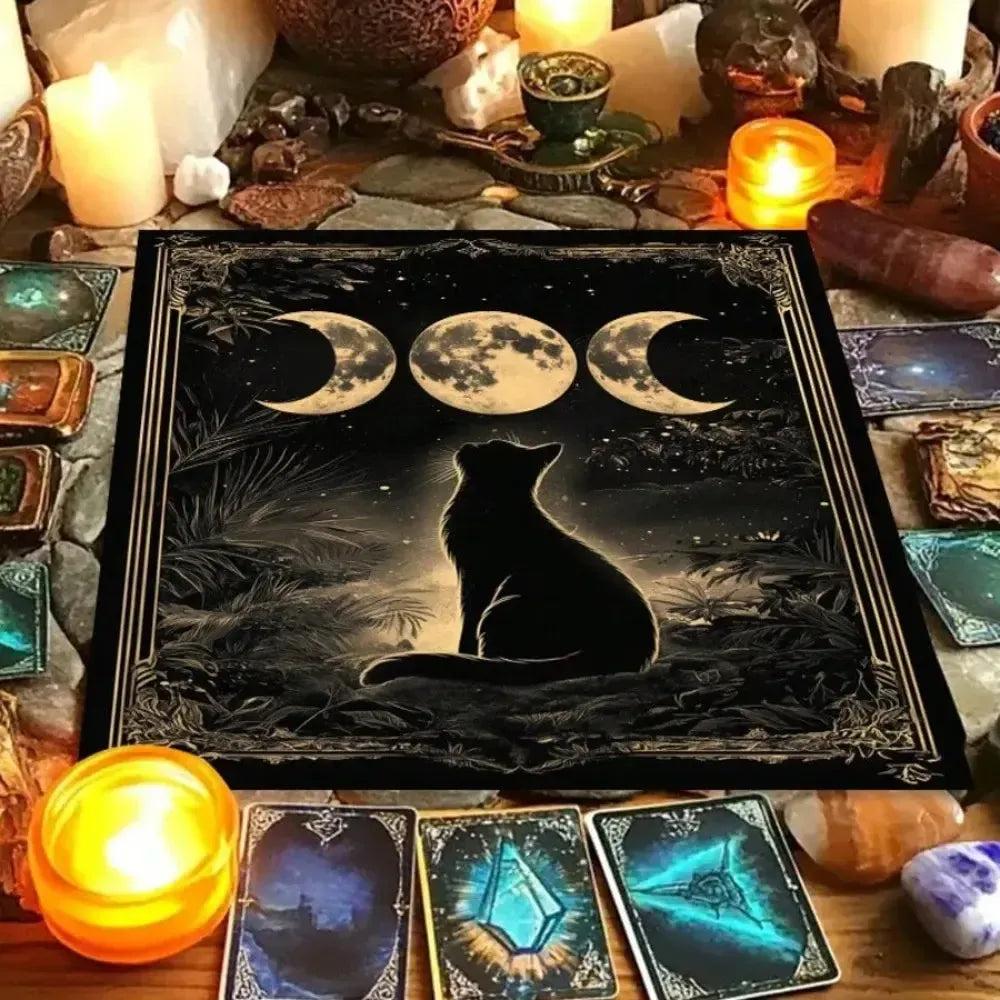 Triple Moon Black Cat Wicca Altar Cloth Witchy Tarot Tablecloth for Divination Wicca Decor-MoonChildWorld