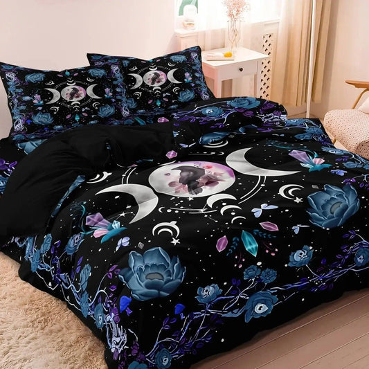 Triple Moon Black Raven Wicca Duvet Cover Set Wiccan Bedding Set Witchy Home Decor-MoonChildWorld
