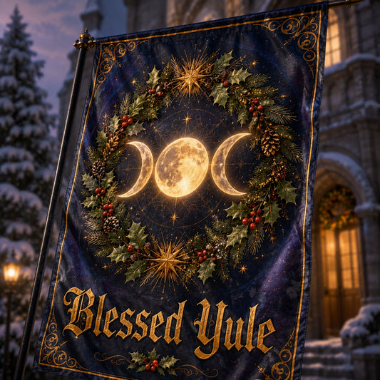 Triple Moon Blessed Yule house flag displayed outdoors on a garden flag stand
