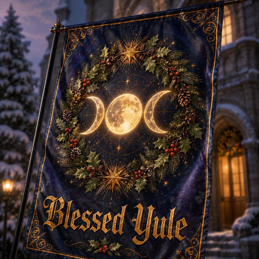 Triple Moon Blessed Yule house flag displayed outdoors on a garden flag stand