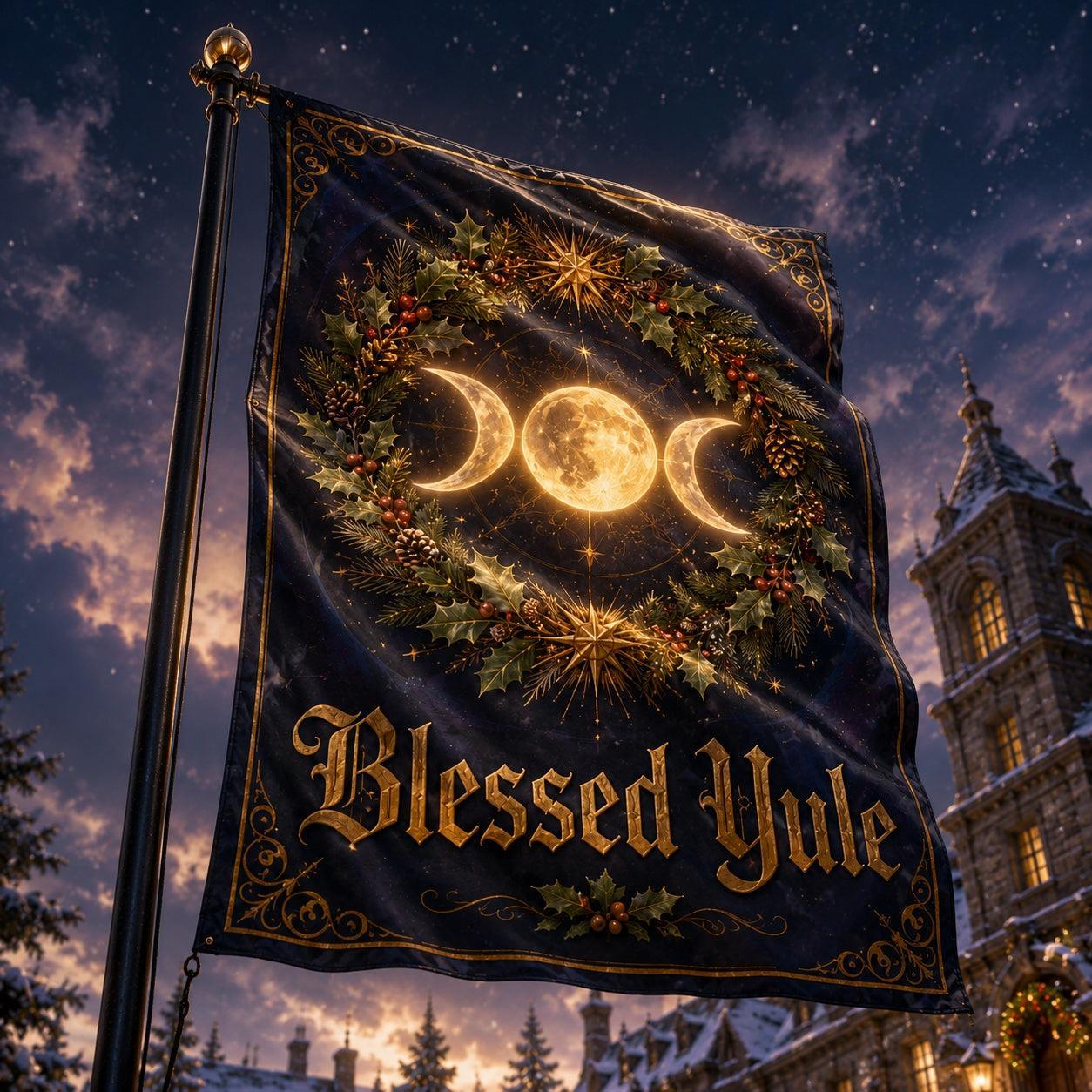 Triple Moon Blessed Yule house flag mockup hanging outdoors as pagan winter decor