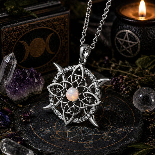 Triple Moon Celtic Knot Wiccan Necklace with Opal Crystal - Witchy Jewelry for Pagan-MoonChildWorld