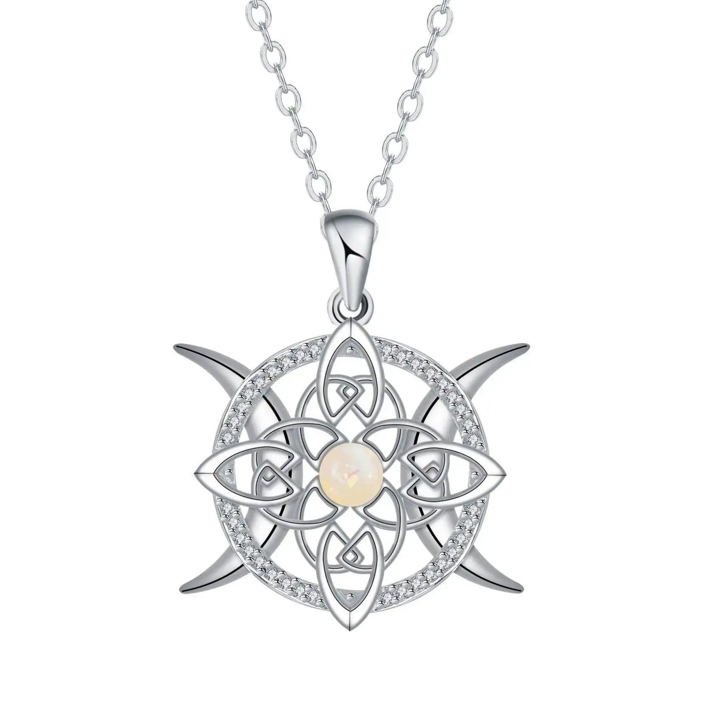 Triple Moon Celtic Knot Wiccan Necklace with Opal Crystal - Witchy Jewelry for Pagan-MoonChildWorld