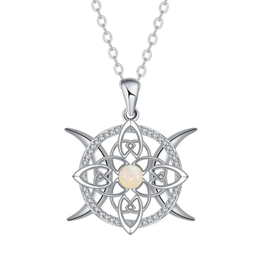 Triple Moon Celtic Knot Wiccan Necklace with Opal Crystal - Witchy Jewelry for Pagan-MoonChildWorld