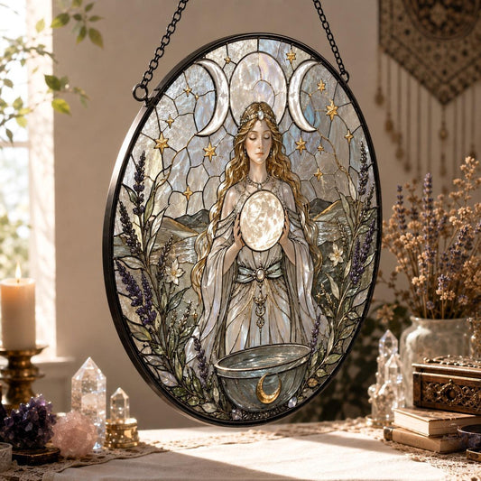 Triple Moon Goddess Glass Suncatcher - hanging view