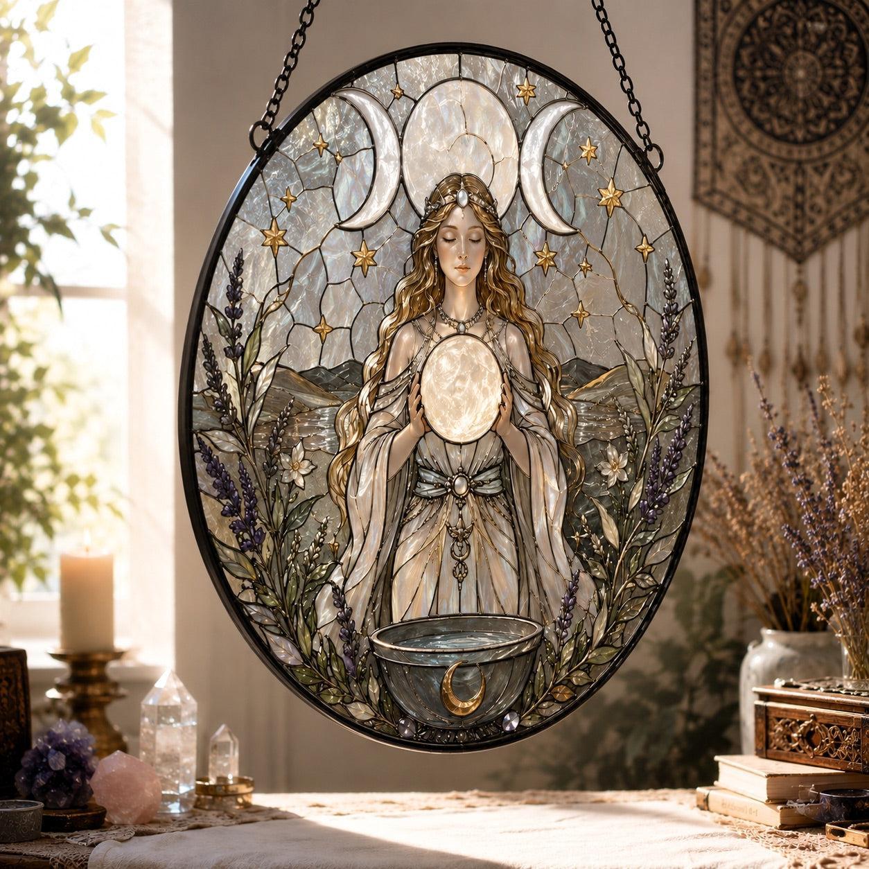 Triple Moon Goddess Glass Suncatcher - sunlight glow