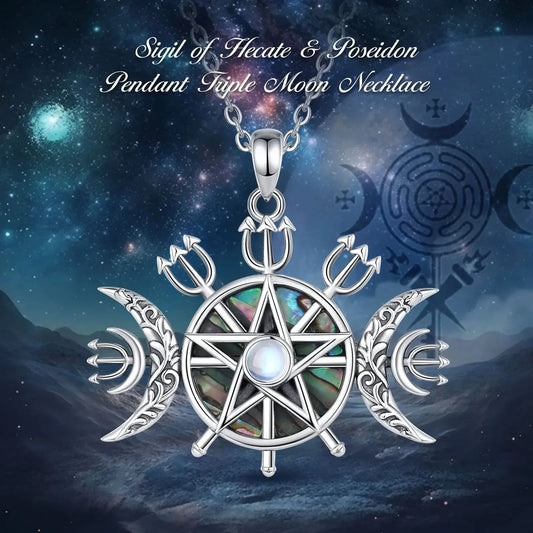 Triple Moon Goddess Necklace, 925 Silver Moonstone Pentagram, product view 4 of 8