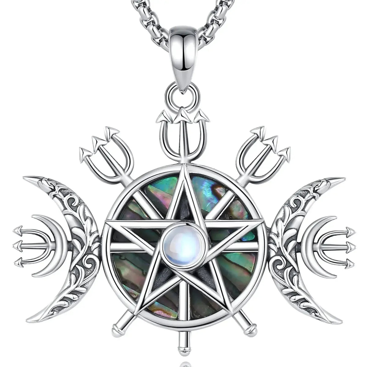Triple Moon Goddess Necklace, 925 Silver Moonstone Pentagram, product view 8 of 8
