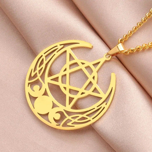 Silver stainless steel Triple Moon Goddess necklace with crescent moon and pentacle design.