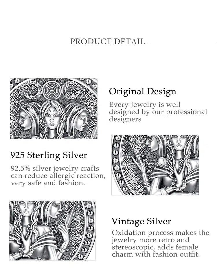 Sterling silver Triple Moon Goddess Hecate amulet with intricate vintage design, showcasing original craftsmanship.