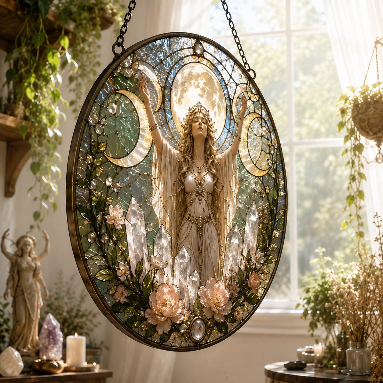 Triple Moon Goddess Quartz Crystal Glass Suncatcher - hanging view