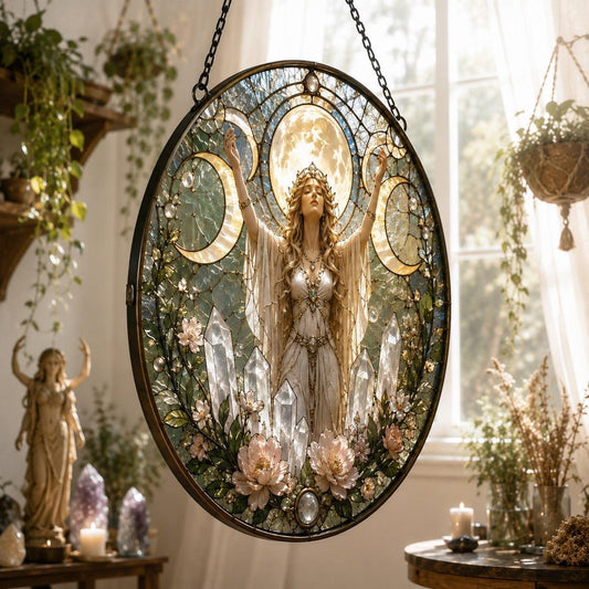 Triple Moon Goddess Quartz Crystal Glass Suncatcher - close up detail