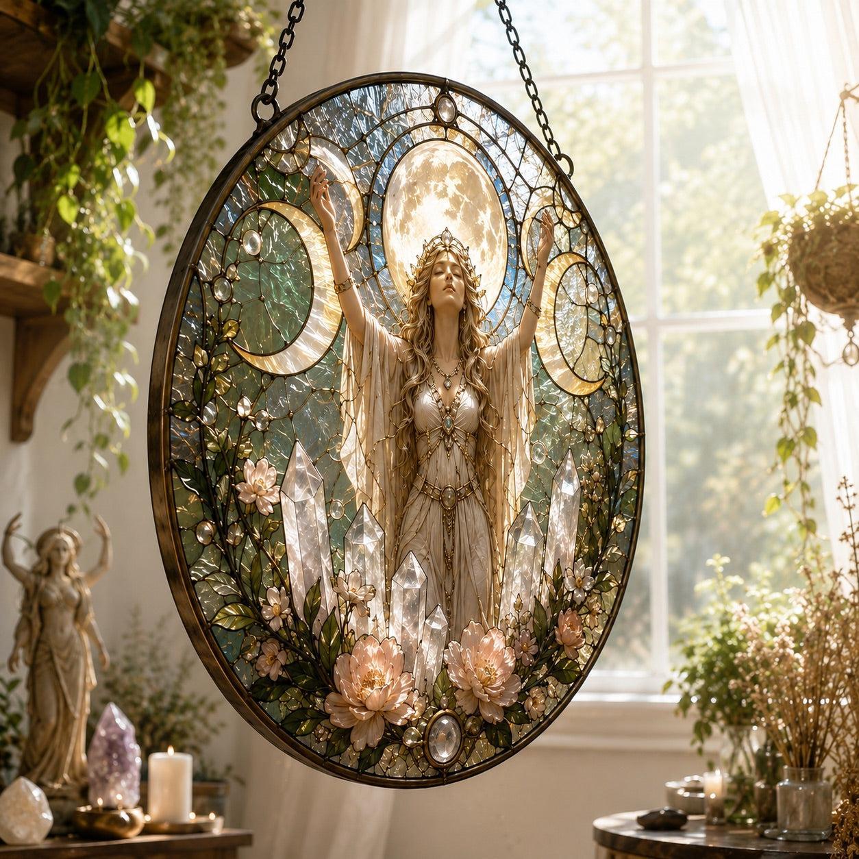 Triple Moon Goddess Quartz Crystal Glass Suncatcher - hanging view