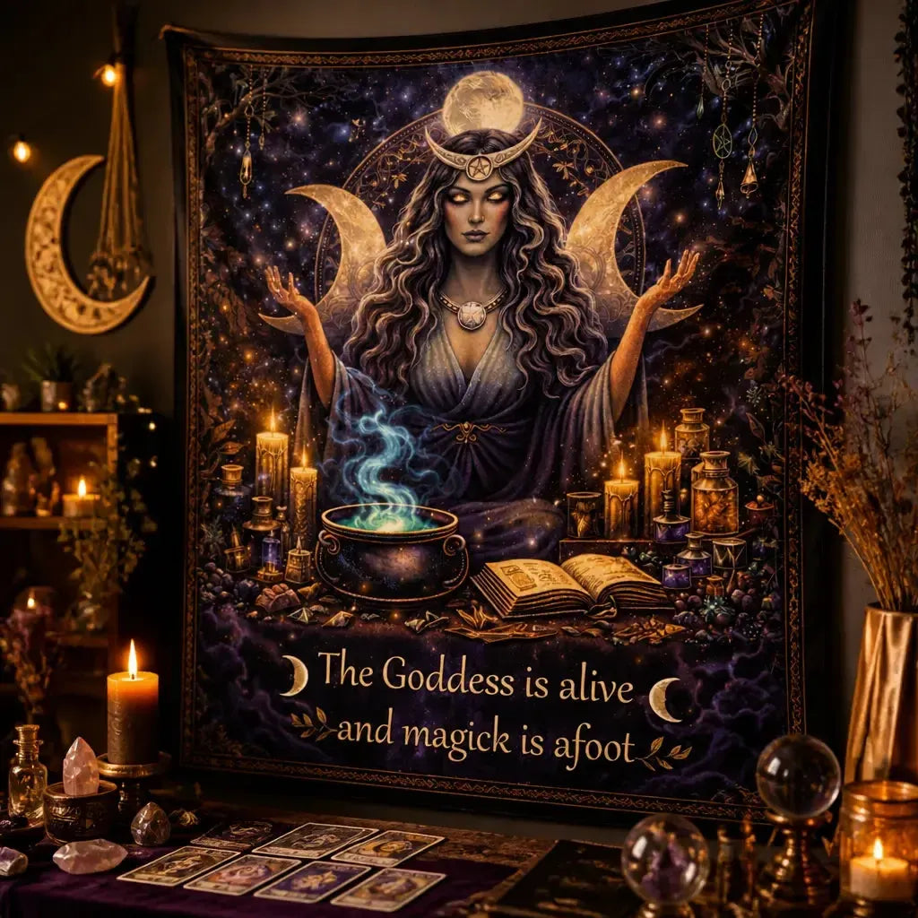Triple Moon Goddess Wicca Tapestry – Pagan Spiritual Altar Wall Hanging_mockup_3.webp