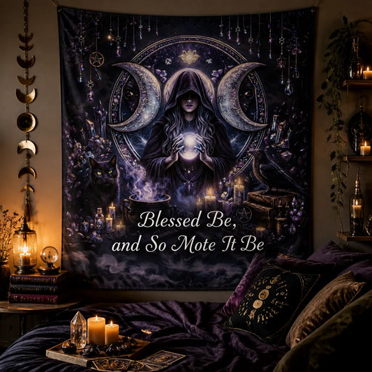 Triple Moon Goddess Wicca Tapestry - Witchy Pagan Altar Wall Hanging_mockup_1.webp