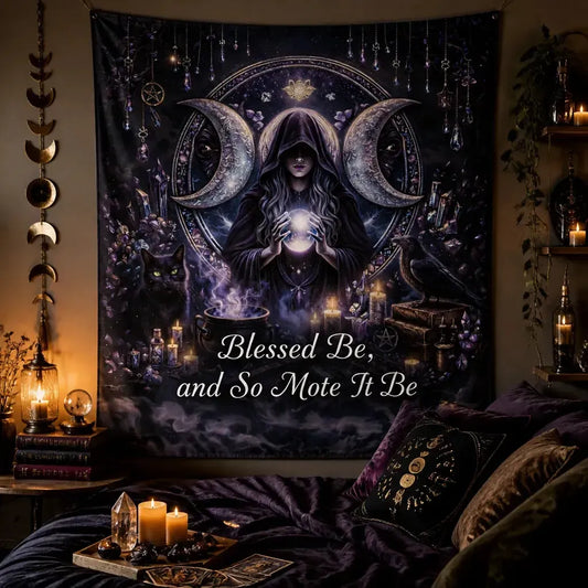 Triple Moon Goddess Wicca Tapestry - Witchy Pagan Altar Wall Hanging_mockup_1.webp