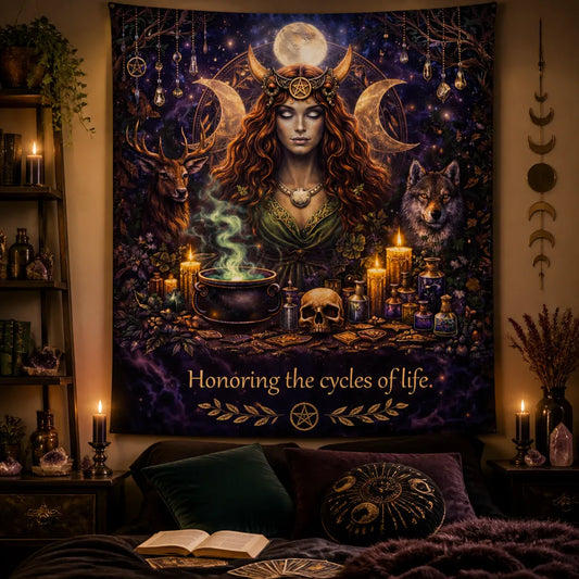 Triple Moon Goddess Wiccan Tapestry – Witchy Pagan Altar Wall Hanging_mockup_1.webp