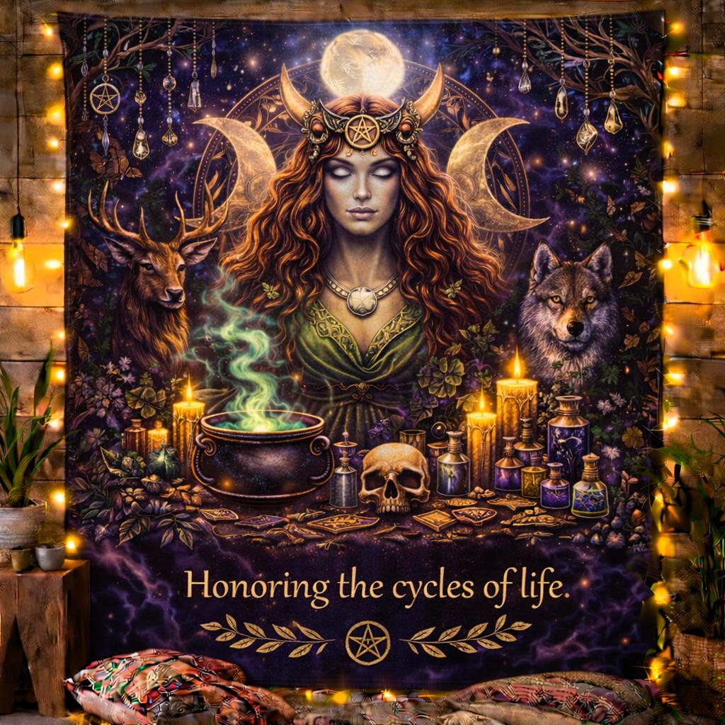 Triple Moon Goddess Wiccan Tapestry – Witchy Pagan Altar Wall Hanging-MoonChildWorld