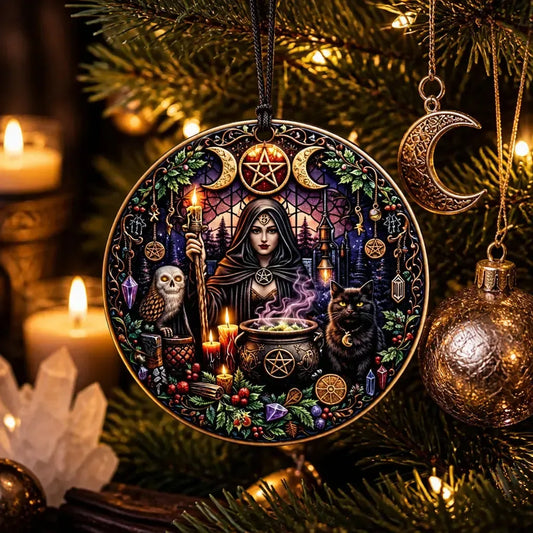 Triple Moon Goddess Yule Ceramic Ornament with Black Cat, Owl โ Wiccan Holiday Ornament_mockup_1.webp