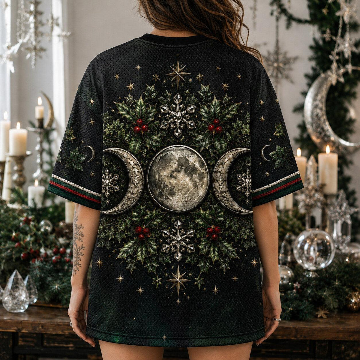 Triple Moon Holly Wreath T-Shirt Snowflake Green Yule Tee worn, back view