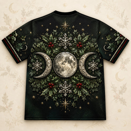 Triple Moon Holly Wreath T-Shirt Snowflake Green Yule Tee back view