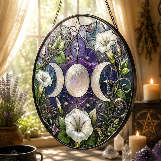 Triple Moon Moonflower Glass Suncatcher - hanging view