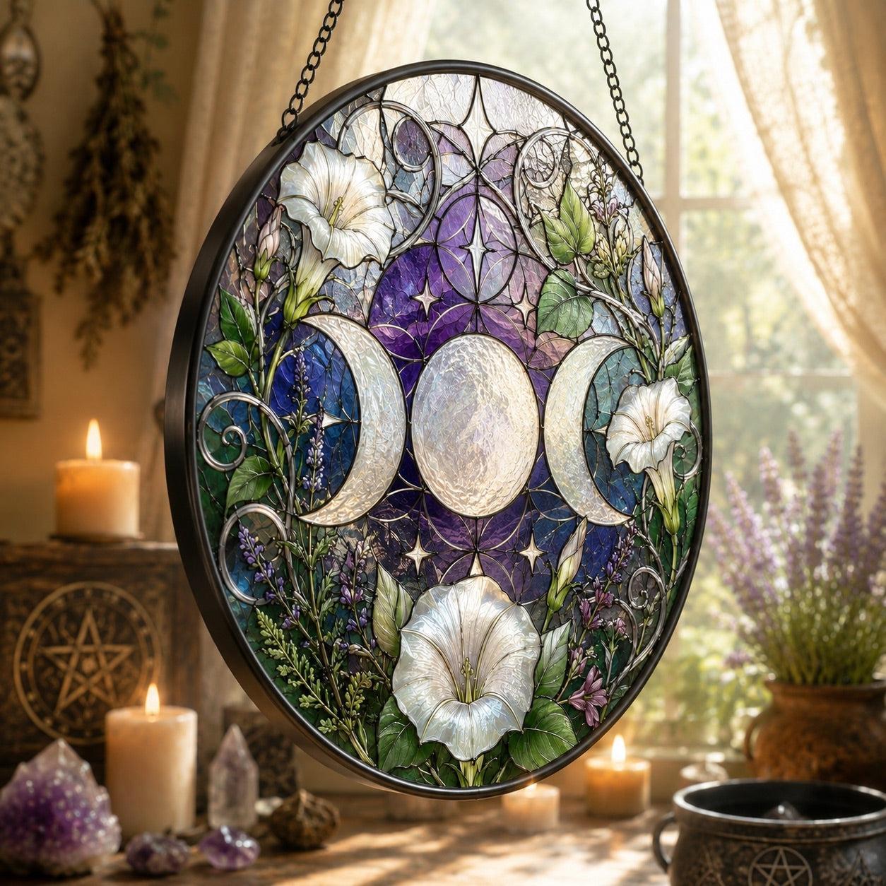 Triple Moon Moonflower Glass Suncatcher - close up detail