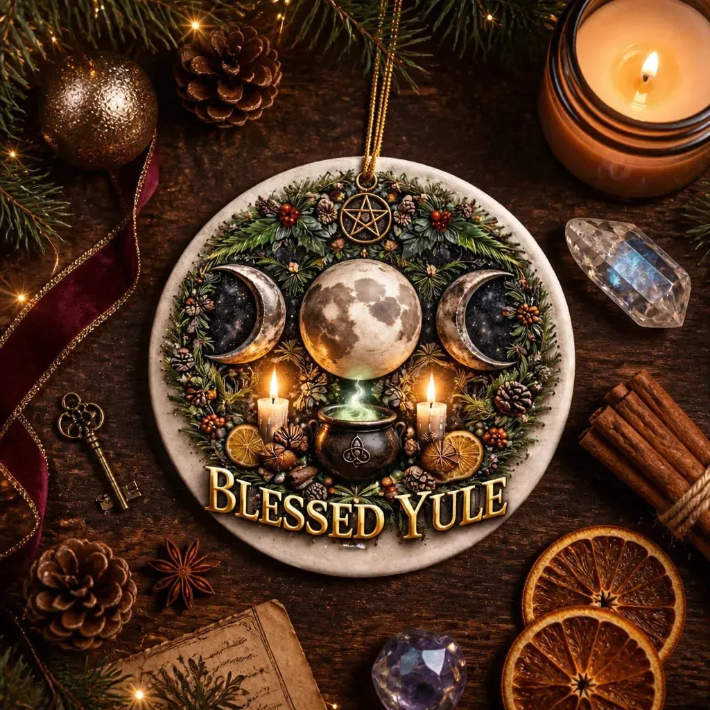 Triple Moon Pagan Altar Yule Ceramic Ornament – Wiccan Christmas Home Decor_mockup_3.webp