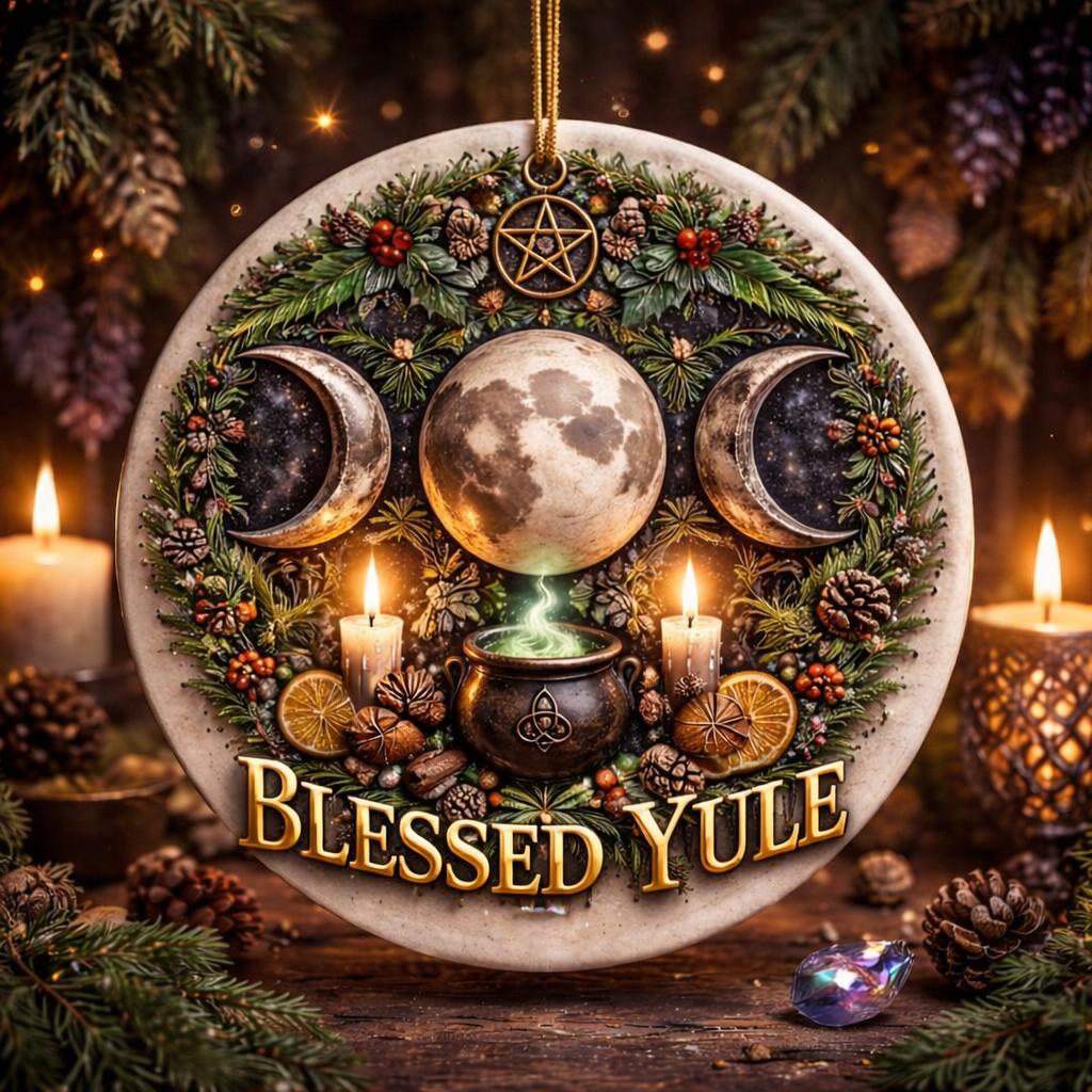 Round ceramic Yule ornament with Triple Moon, pentacle, candles, cauldron, and "Blessed Yule" text.
