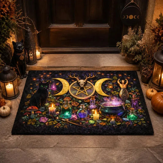 Witchy Doormat with Triple Moon, Gothic Skull & Black Cat - Wicca Pagan Welcome Mat_mockup_1.webp
